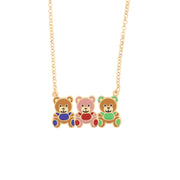 Metal necklace with three colored teddy bears