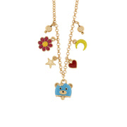 Metal necklace with bell in the shape of a blue teddy bear and a small daisy, moon and heart