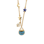 Collana in Metallo con borsa azzurra Capri, piccola campanella bianca e stelle