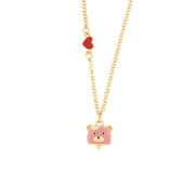 Metal necklace with bell in the shape of a pink bear and a red heart