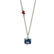 Metal necklace with bell in the shape of a blue bear and a red heart