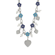 Metal necklace with blue flowers and hanging hearts