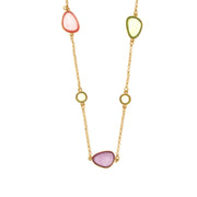 Metal necklace with pink and green drop-shaped stones