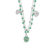 Multi-strand metal necklace with bell and marine green stones