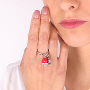 Anello in Metallo con campanelle portafortuna con  smaltatura rossa e cristalli bianchi
