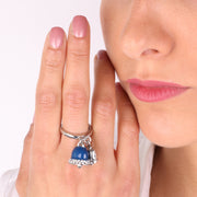 Anello in Metallo con campanelle portafortuna con smaltatura blu e cristalli bianchi