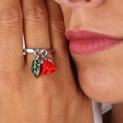 Anello in Metallo con pendente a forma di rosa rossa impreziosito da smalti colorati