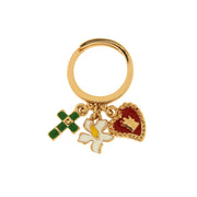 Anello in Metallo con croce, fiore e cuore sacro pendente