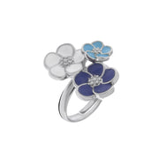 Metal ring with three flowers in blue, white and light blue