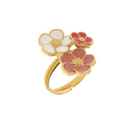 Metal ring with three flowers in antique pink, white and red
