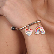 Bracciale in Metallo con arcobaleno e cuore con scritta pendenti, impreziositi da smalti colorati