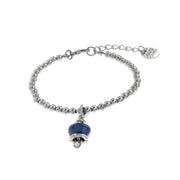 Bracciale in Metallo maglia a sfere con campanella portafortuna pendente blu impreziosita da cristalli