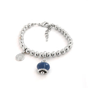 Bracciale in Metallo maglia a sfere, con campanella portafortuna pendente, impreziosita da smalto blu e cristalli
