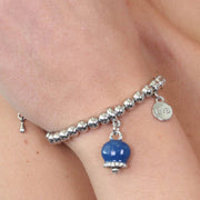 Bracciale in Metallo maglia a sfere, con campanella portafortuna pendente, impreziosita da smalto blu e cristalli