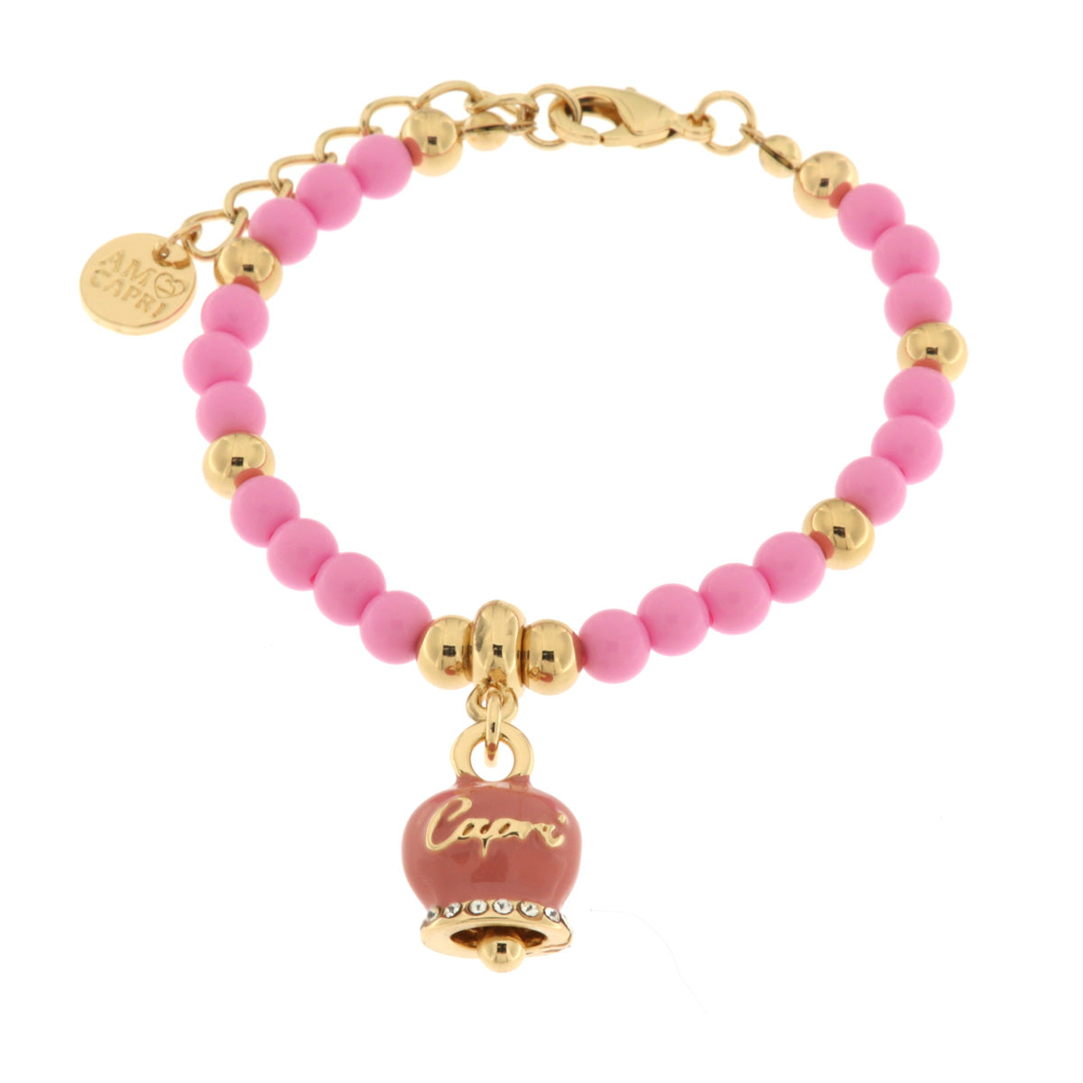 Bracciale in Metallo con campanella pendente e perline rosa – Bysimon Group  S.r.l.