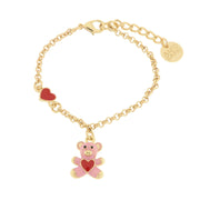 Metal bracelet with pink teddy bear and red heart