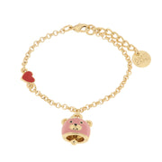 Metal bracelet with bell in the shape of a pink bear and red heart