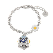 Metal bracelet with bell and blue and white daisies