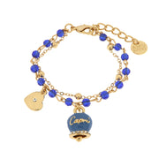 Multi-strand metal bracelet with blue stones and blue Capri bell