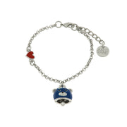 Metal bracelet with blue bear-shaped bell and red heart