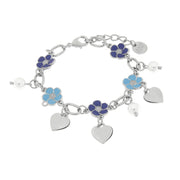 Metal bracelet with blue flowers and hanging hearts