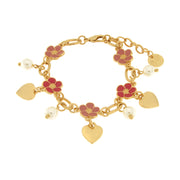 Metal bracelet with fuchsia flowers and hanging hearts
