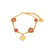 Metal bracelet with pink flowers and pendant heart