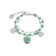 Multi-strand metal bracelet with bell and green stones