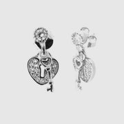 Orecchini in Argento 925 lucchetto a cuore e chiave pendente, con zrconi bianchi