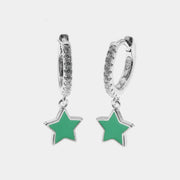 Orecchini in Argento 925 cerchietti con zirconi bianchi con pendenti a forma di stelle smaltati verdi