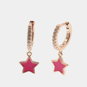 Orecchini in Argento 925 cerchietti con zirconi bianchi e pendente a forma di stella smaltata rosa