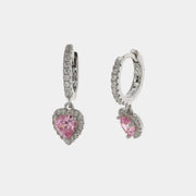 Orecchini in Argento 925 con chiusura a scatto realizzato con zirconi e pendente a forma di cuore con zircone rosa