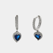 Orecchini in Argento 925 a cerchietto con pendente a forma di cuore con zircone blu zafiro