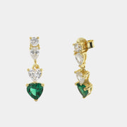 Orecchini in Argento 925 con zirconi e cuori pendenti in zirconi bianchi e verde smeraldo