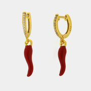 Orecchini in Argento 925 a cerchietto con corno in smalto rosso pendente