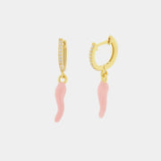 Orecchini in Argento 925 con cornetto portafortuna rosa e zirconi