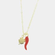 Collana in Argento 925 con corno portafortuna impreziosito da smalto rosso e quadrifoglio portafortuna