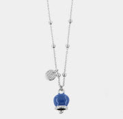 Collana in Metallo con campanella portafortuna pendente, impreziosita da smalto blu e cristalli