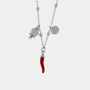 Collana in Metallo con corno in smalto rosso e campana bianca pendente