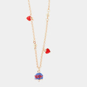 Collana in Metallo con campana blu e fiocco filo rosso e due cuori pendenti rossi