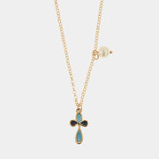 Collana in Metallo con pendente a forma di croce smaltato blu e nero con dettaglio in perla