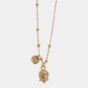 Collana in Metallo maglia a pallini, con campanella portafortuna in smalto oro giallo, con scritta Capri a rilievo e cristalli bianchi