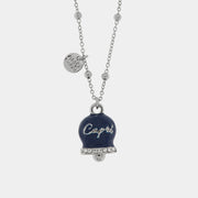 Collana in Metallo con campanella grande blu e scritta Capri impreziosito da cristalli bianchi
