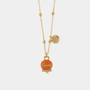 Collana in Metallo campanella portafortuna in smalto arancione, con scritta Capri a rilievo e cristalli bianchi