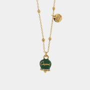 Collana in Metallo campanella portafortuna in smalto verde, con scritta Capri a rilievo e cristalli bianchi