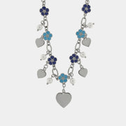 Collana in Metallo con fiori blu e cuori pendenti