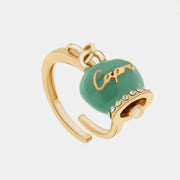 Anello in Metallo con campanella portafortuna color verde marino, con scritta Capri a rilievo e cristalli bianchi