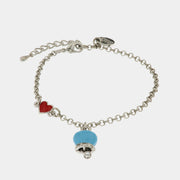 Bracciale in Metallo con cuore rosso e campanella portafortuna pendente, impreziosita da smalto azzurro e punto luce