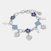 Bracciale in Metallo con fiori blu e cuori pendenti